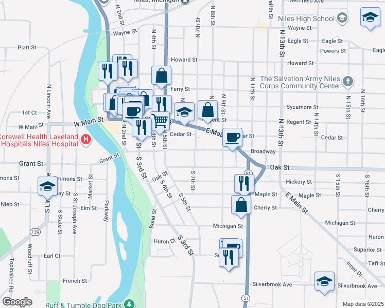 map of restaurants, bars, coffee shops, grocery stores, and more near 10 South 7th Street in Niles