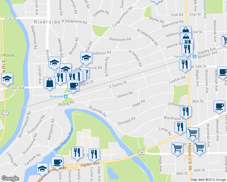 map of restaurants, bars, coffee shops, grocery stores, and more near 148 Lawton Road in Riverside