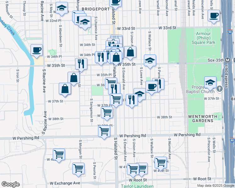 map of restaurants, bars, coffee shops, grocery stores, and more near 3648 South Emerald Avenue in Chicago