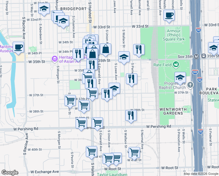 map of restaurants, bars, coffee shops, grocery stores, and more near 3649 South Union Avenue in Chicago