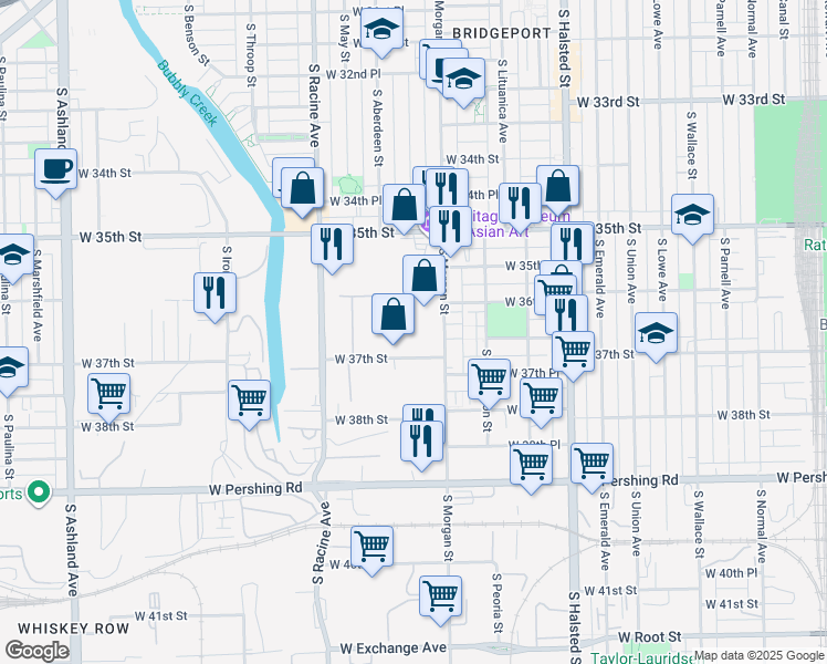 map of restaurants, bars, coffee shops, grocery stores, and more near 1036 West 37th Street in Chicago