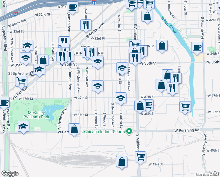 map of restaurants, bars, coffee shops, grocery stores, and more near 3643 South Hermitage Avenue in Chicago