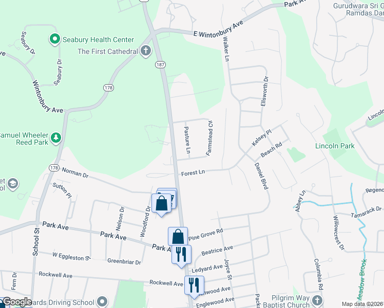 map of restaurants, bars, coffee shops, grocery stores, and more near 6 Farmstead Circle in Bloomfield