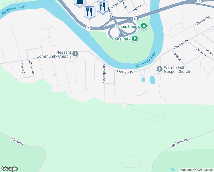 map of restaurants, bars, coffee shops, grocery stores, and more near 46-50 McKinley Ave in Warren