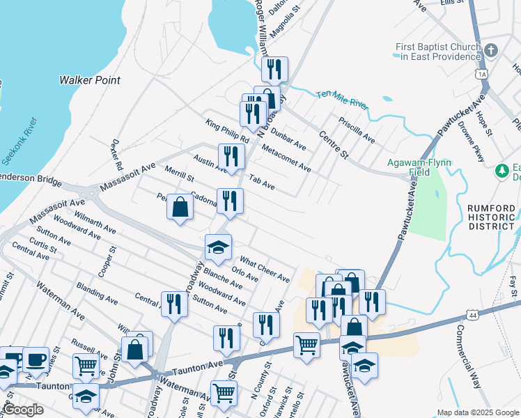 map of restaurants, bars, coffee shops, grocery stores, and more near 24 Dewey Avenue in East Providence