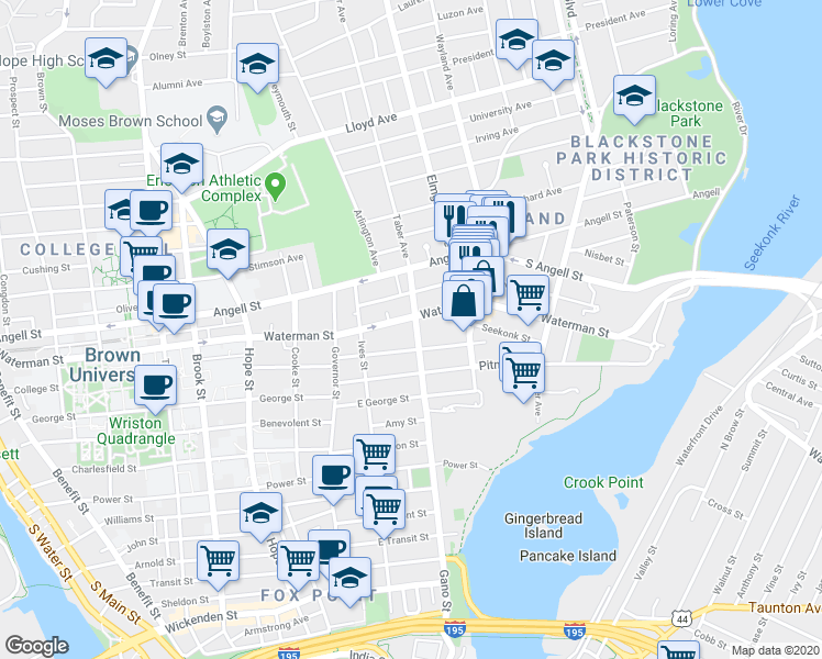 map of restaurants, bars, coffee shops, grocery stores, and more near 238 Gano Street in Providence