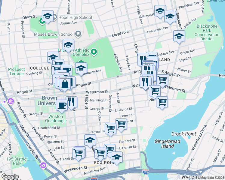 map of restaurants, bars, coffee shops, grocery stores, and more near 163 Waterman Street in Providence