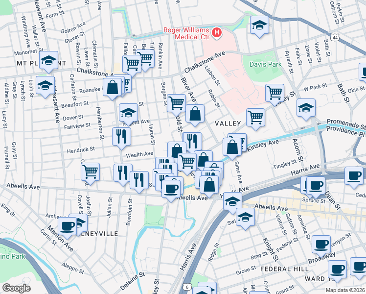 map of restaurants, bars, coffee shops, grocery stores, and more near 4 Dorr Street in Providence