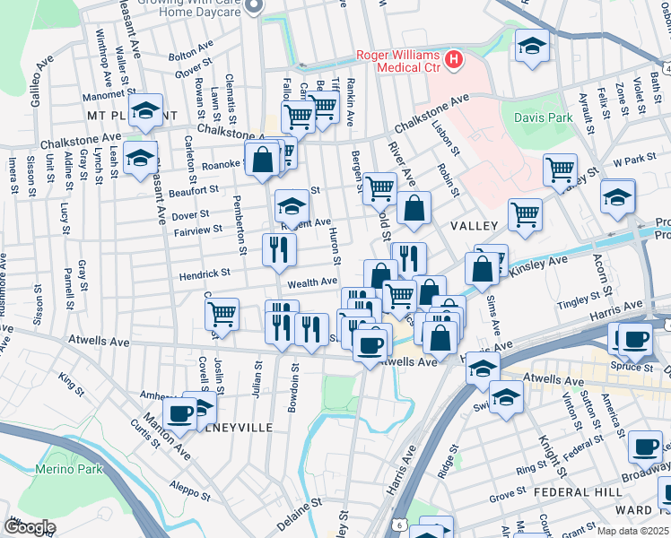 map of restaurants, bars, coffee shops, grocery stores, and more near 40 Allston Street in Providence