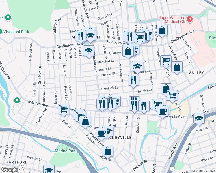 map of restaurants, bars, coffee shops, grocery stores, and more near 106 Hendrick Street in Providence