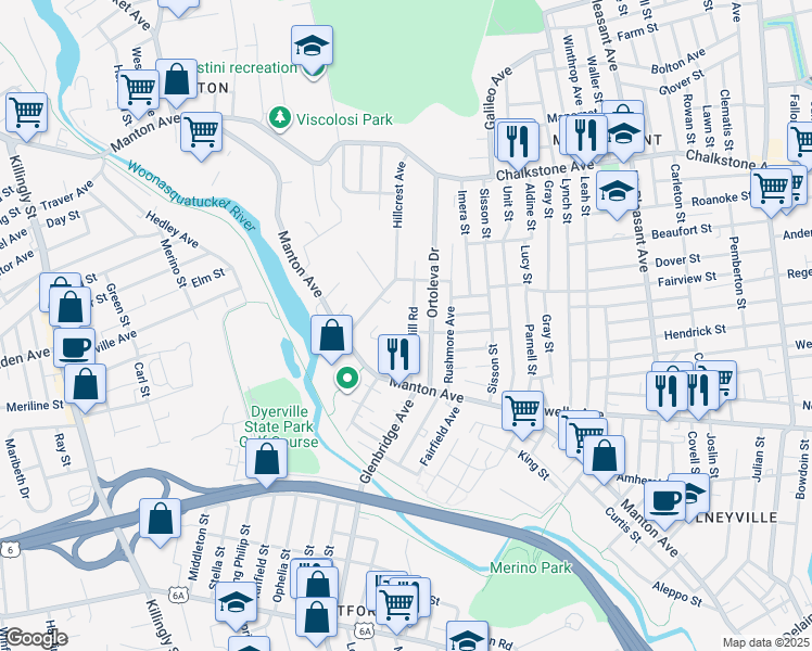map of restaurants, bars, coffee shops, grocery stores, and more near 50 Brush Hill Road in Providence