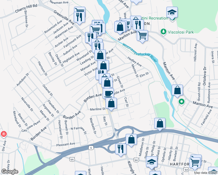 map of restaurants, bars, coffee shops, grocery stores, and more near 87 Elm Street in Johnston