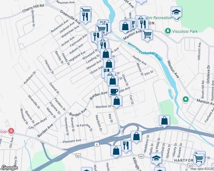 map of restaurants, bars, coffee shops, grocery stores, and more near 7 Alcazar Avenue in Johnston