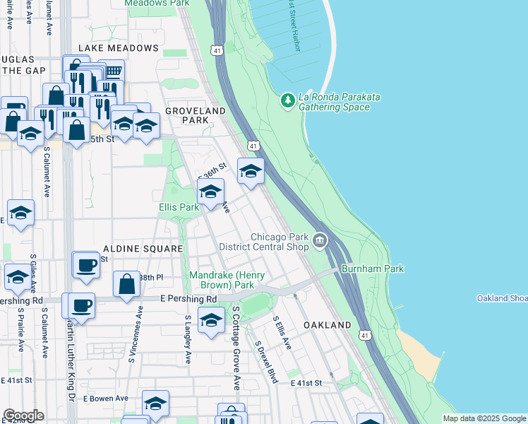 map of restaurants, bars, coffee shops, grocery stores, and more near 3801 South Lake Park Avenue in Chicago