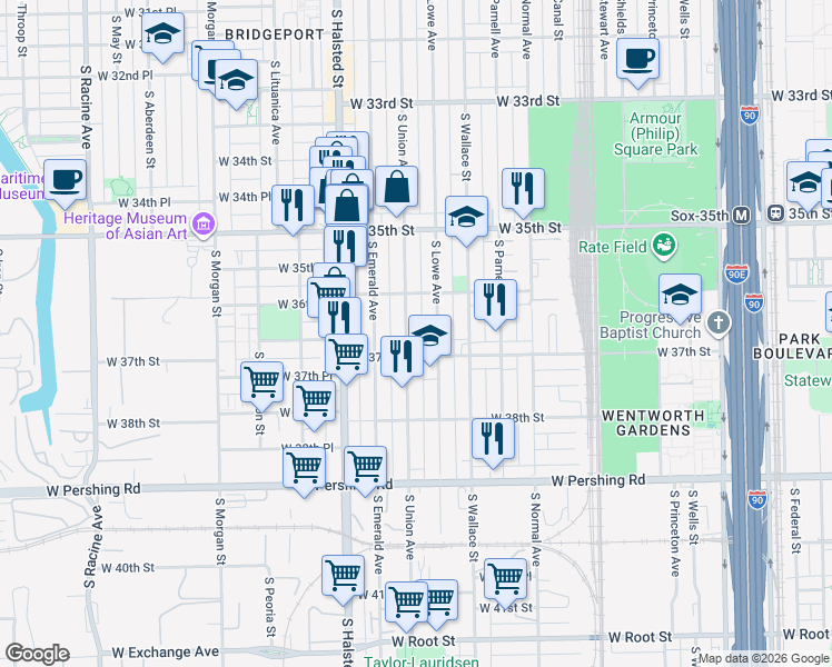 map of restaurants, bars, coffee shops, grocery stores, and more near 3649 South Union Avenue in Chicago