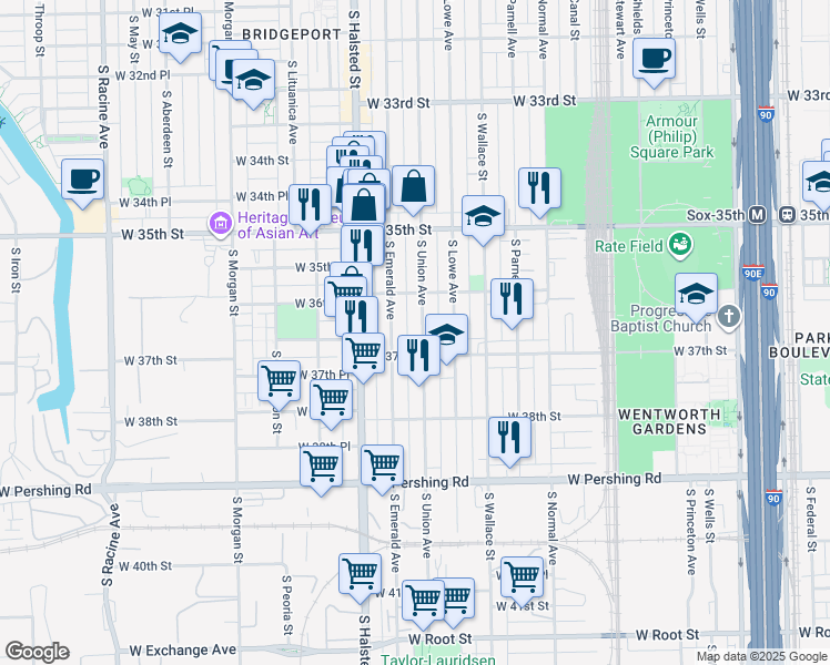 map of restaurants, bars, coffee shops, grocery stores, and more near 3649 South Union Avenue in Chicago