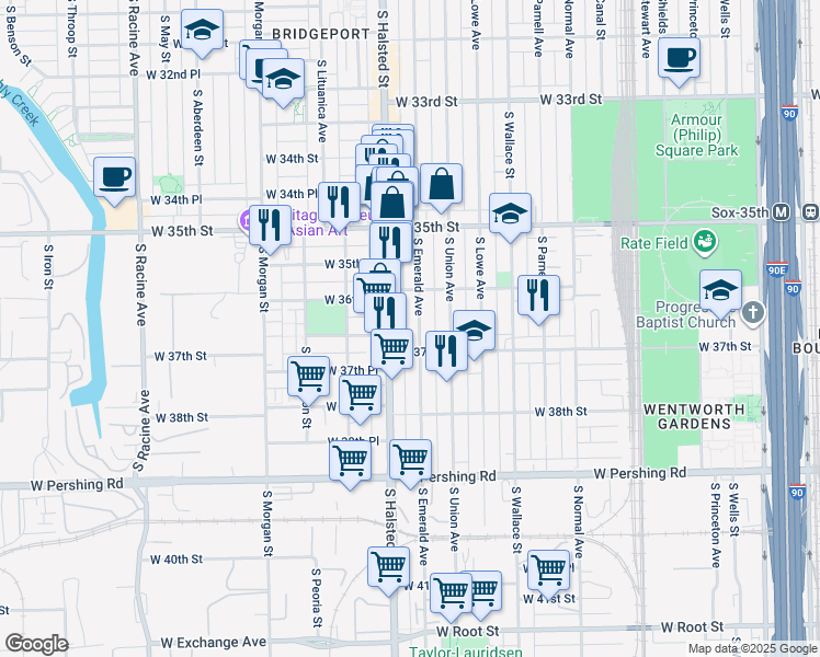 map of restaurants, bars, coffee shops, grocery stores, and more near 3648 South Emerald Avenue in Chicago