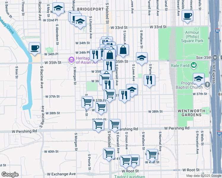map of restaurants, bars, coffee shops, grocery stores, and more near 3648 South Emerald Avenue in Chicago