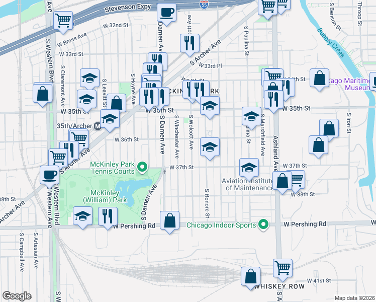 map of restaurants, bars, coffee shops, grocery stores, and more near 3637 South Winchester Avenue in Chicago