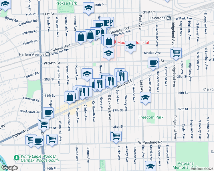 map of restaurants, bars, coffee shops, grocery stores, and more near 3527 Grove Avenue in Berwyn