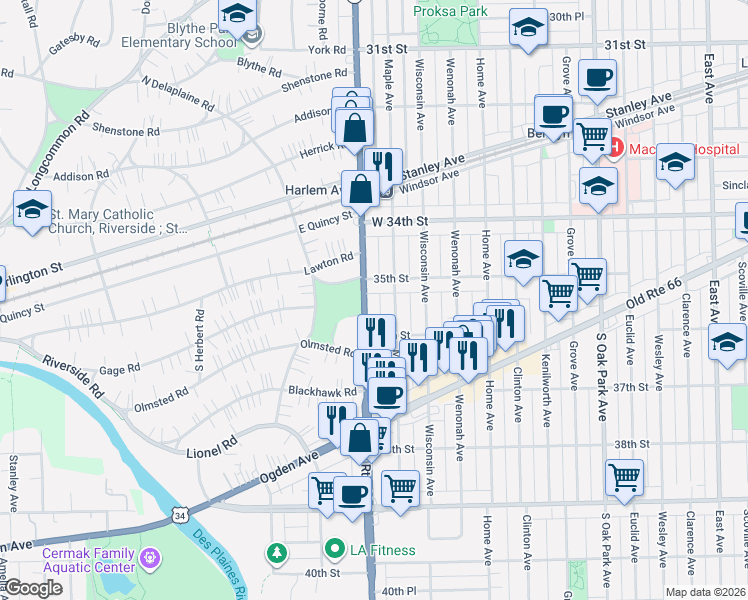 map of restaurants, bars, coffee shops, grocery stores, and more near 3517 Illinois 43 in Berwyn