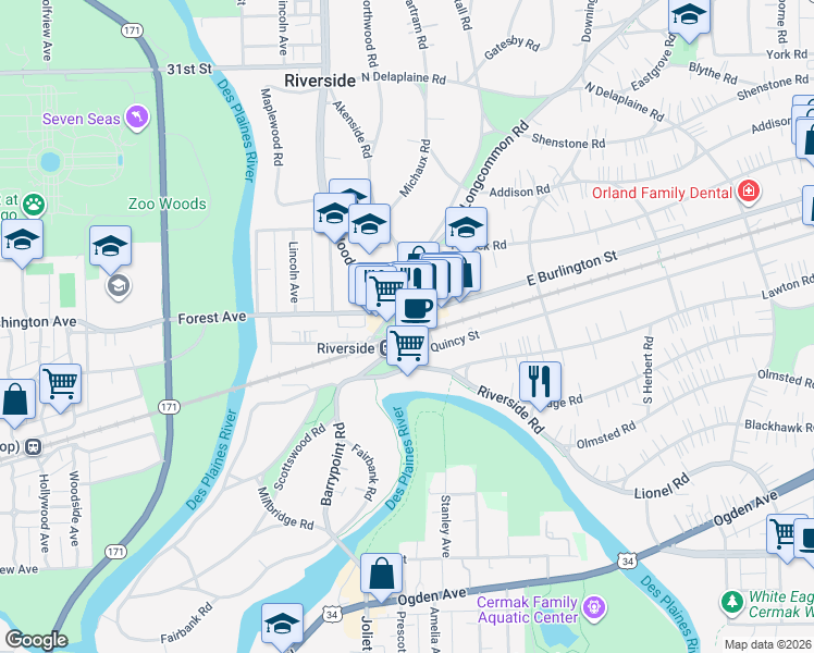map of restaurants, bars, coffee shops, grocery stores, and more near 1 Riverside Road in Riverside