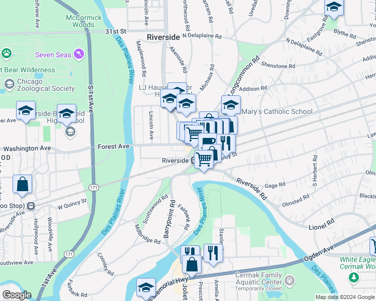 map of restaurants, bars, coffee shops, grocery stores, and more near in Riverside