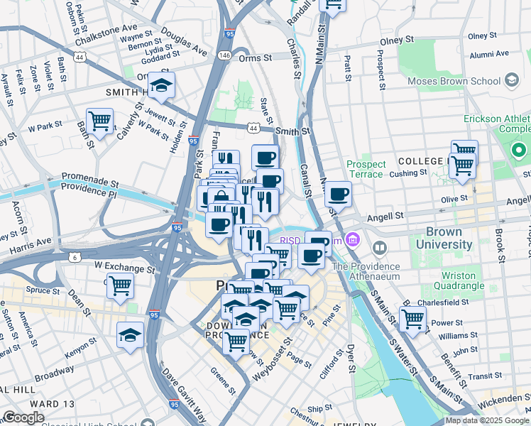 map of restaurants, bars, coffee shops, grocery stores, and more near 200 Exchange Street in Providence