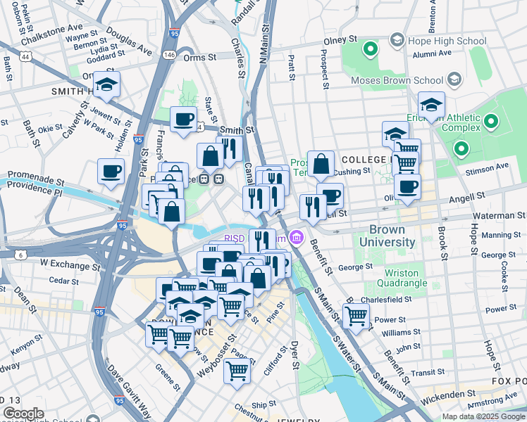 map of restaurants, bars, coffee shops, grocery stores, and more near 169 Canal Street in Providence