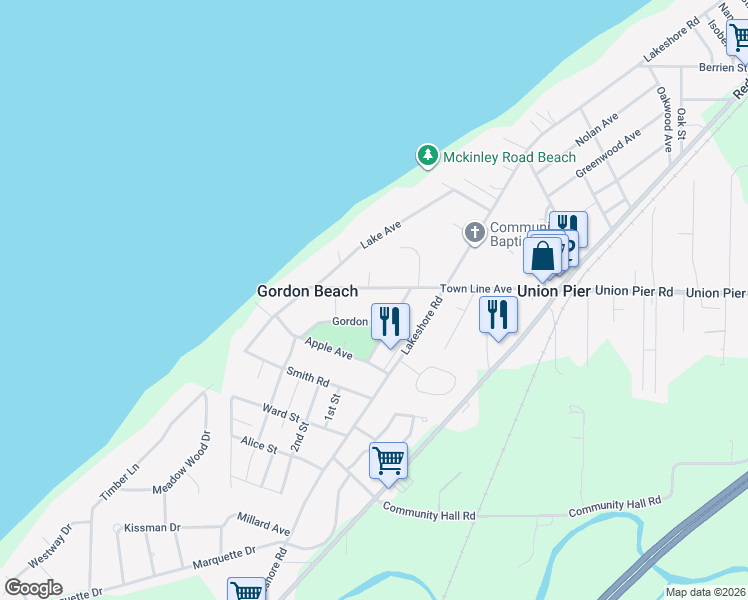 map of restaurants, bars, coffee shops, grocery stores, and more near 10203 Gordon Drive in Union Pier