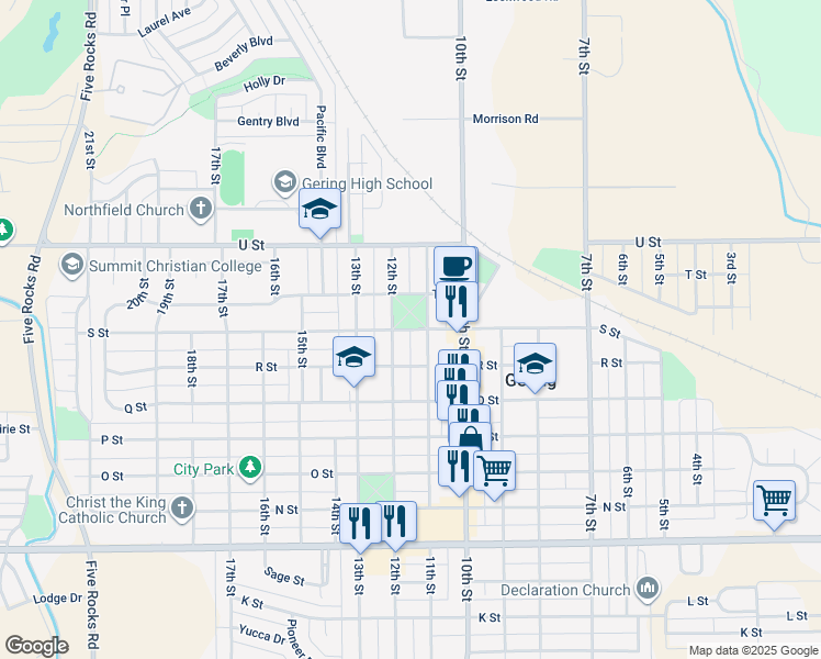 map of restaurants, bars, coffee shops, grocery stores, and more near S Street in Gering