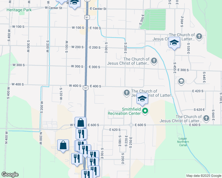 map of restaurants, bars, coffee shops, grocery stores, and more near 126 East 400 South in Smithfield