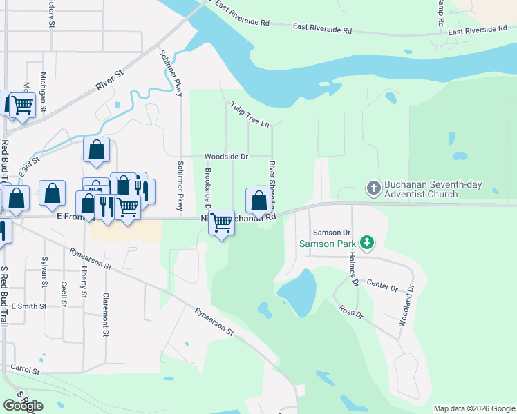 map of restaurants, bars, coffee shops, grocery stores, and more near 4781 Niles Buchanan Road in Buchanan