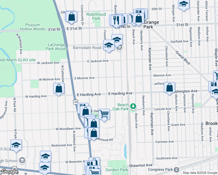 map of restaurants, bars, coffee shops, grocery stores, and more near 615 East Harding Avenue in La Grange Park