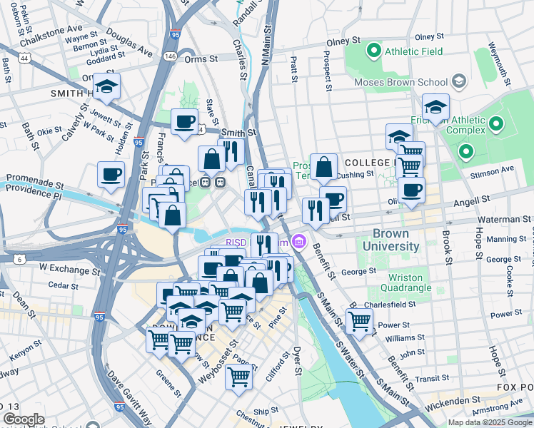 map of restaurants, bars, coffee shops, grocery stores, and more near 169 Canal Street in Providence