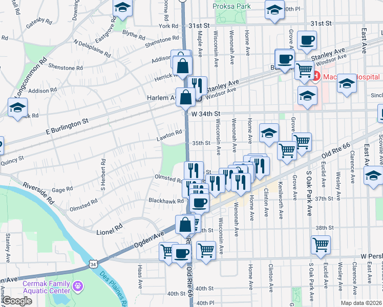 map of restaurants, bars, coffee shops, grocery stores, and more near 3511 South Harlem Avenue in Berwyn