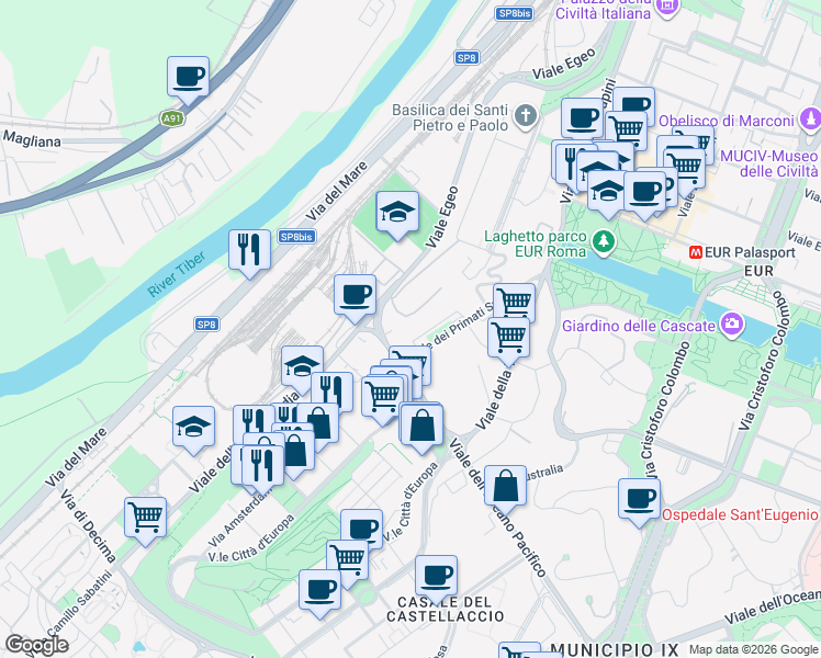 map of restaurants, bars, coffee shops, grocery stores, and more near 88 Viale dei Primati Sportivi in Roma