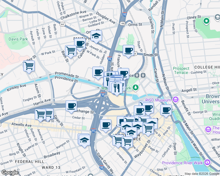map of restaurants, bars, coffee shops, grocery stores, and more near 1 Promenade Street in Providence
