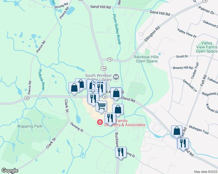 map of restaurants, bars, coffee shops, grocery stores, and more near 1559 Sullivan Avenue in South Windsor