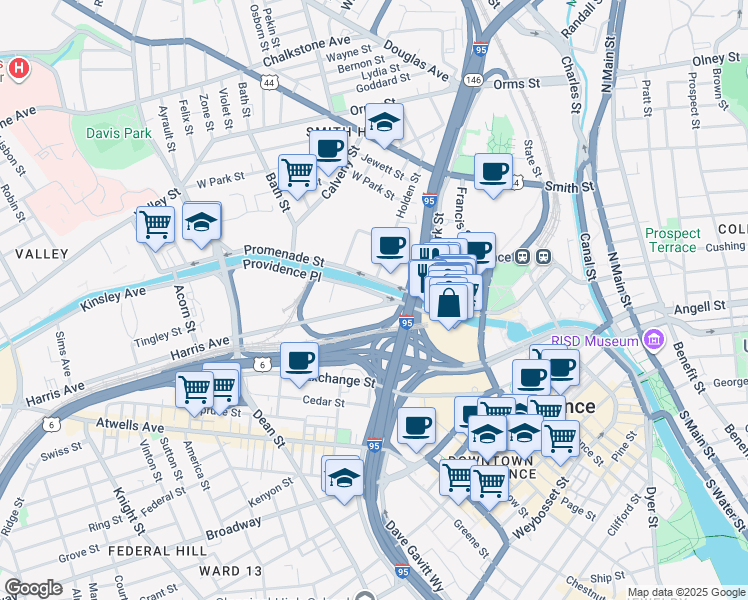 map of restaurants, bars, coffee shops, grocery stores, and more near 43 Harris Avenue in Providence