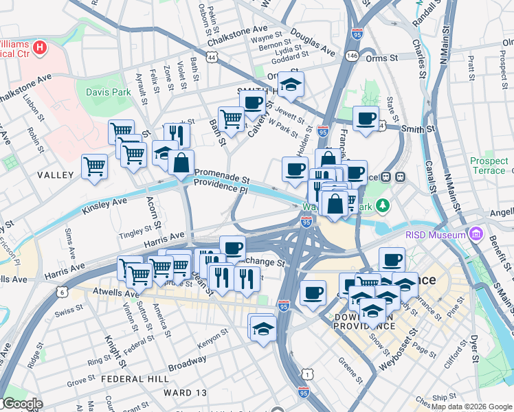 map of restaurants, bars, coffee shops, grocery stores, and more near 1000 Providence Place in Providence