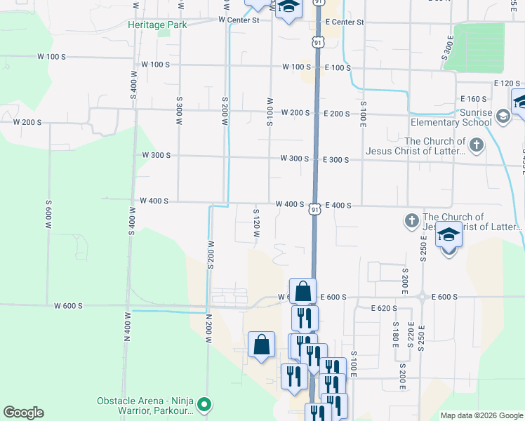 map of restaurants, bars, coffee shops, grocery stores, and more near 76 West 400 South in Smithfield