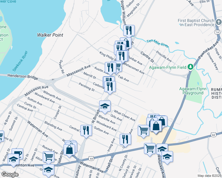 map of restaurants, bars, coffee shops, grocery stores, and more near 525 North Broadway in East Providence