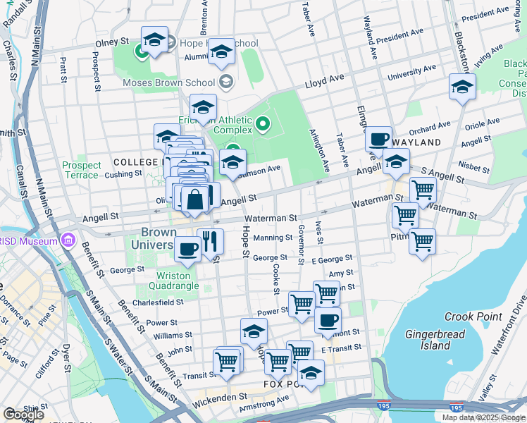 map of restaurants, bars, coffee shops, grocery stores, and more near 151 Waterman Street in Providence