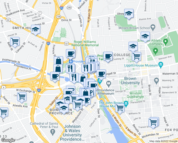 map of restaurants, bars, coffee shops, grocery stores, and more near 1 citizens plaza in Providence