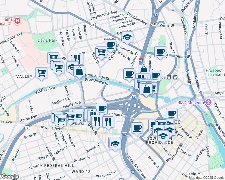 map of restaurants, bars, coffee shops, grocery stores, and more near 97 Harris Avenue in Providence