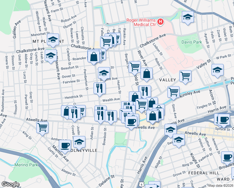 map of restaurants, bars, coffee shops, grocery stores, and more near 44 Wealth Avenue in Providence