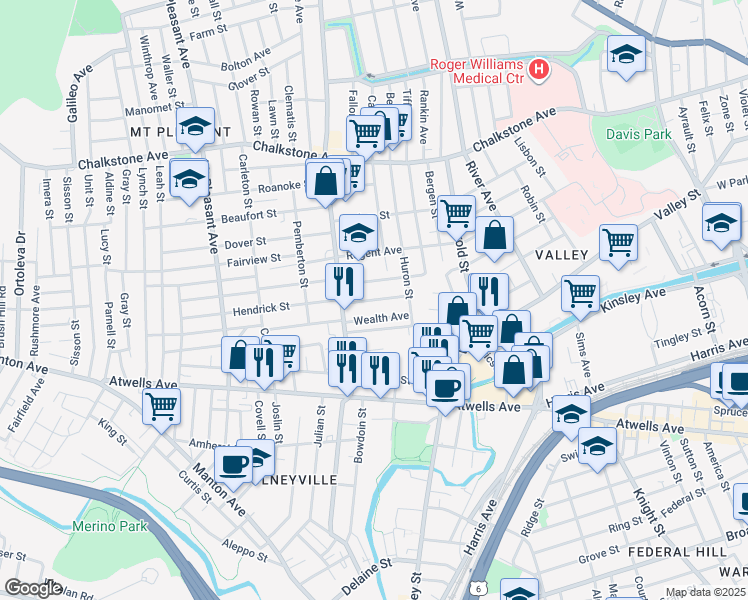map of restaurants, bars, coffee shops, grocery stores, and more near 44 Wealth Avenue in Providence