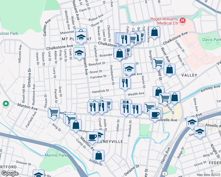 map of restaurants, bars, coffee shops, grocery stores, and more near 68 Hendrick Street in Providence
