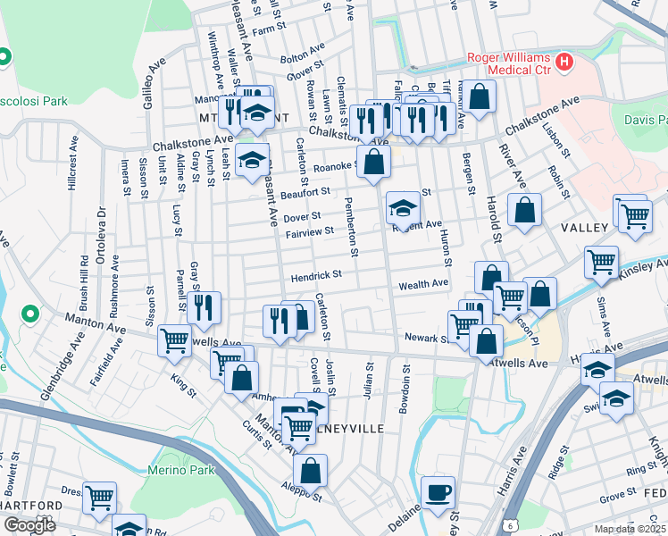 map of restaurants, bars, coffee shops, grocery stores, and more near 68 Hendrick Street in Providence